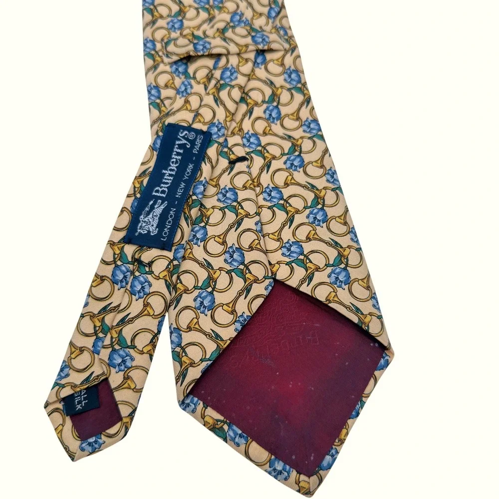 Burberrys London‎ Silk Tie Gold Equestrian Bit Chain Floral Vintage 3.5